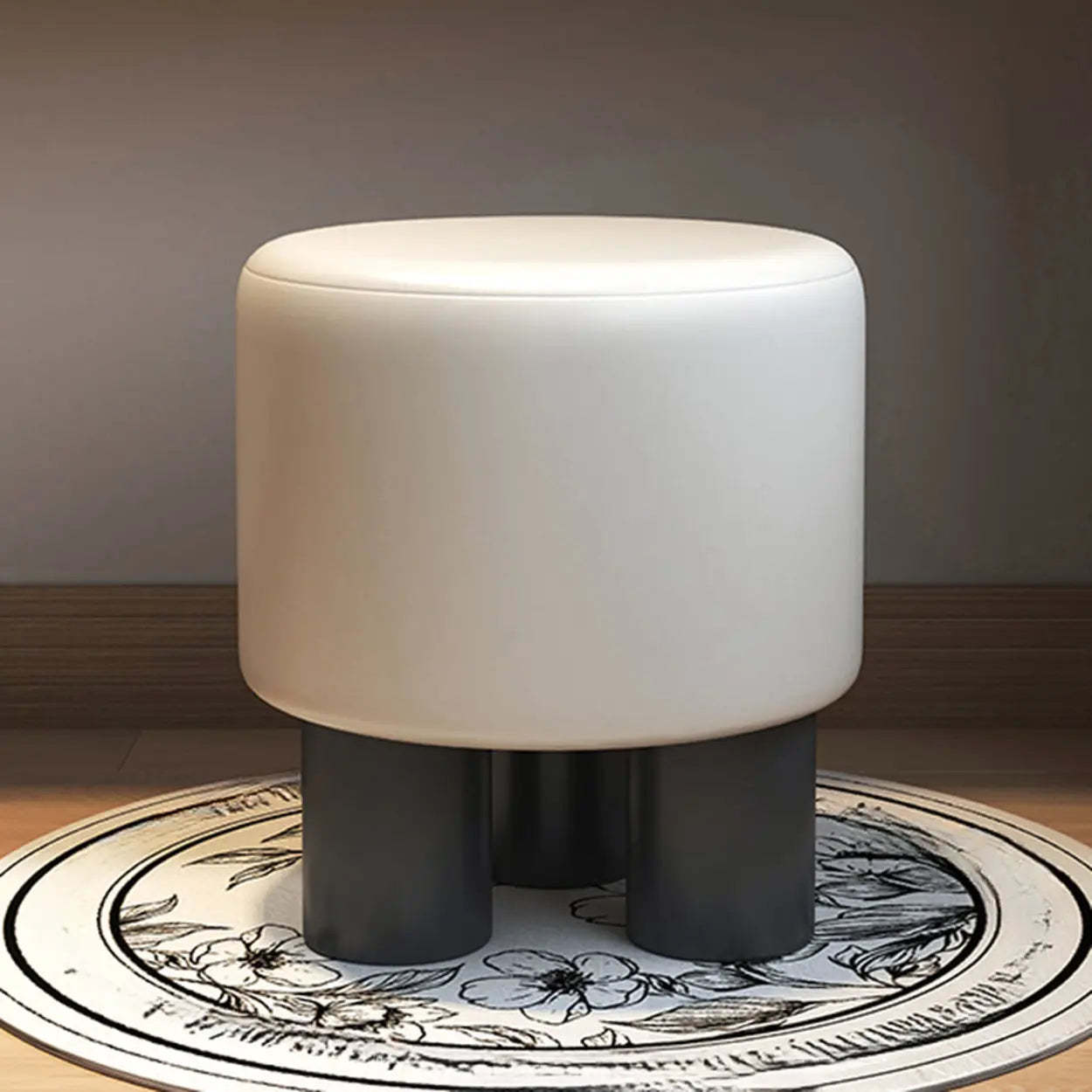 Khaki Round Fabric Upholstered Vanity Stool — Ivory & Cream / PU (Polyurethane)