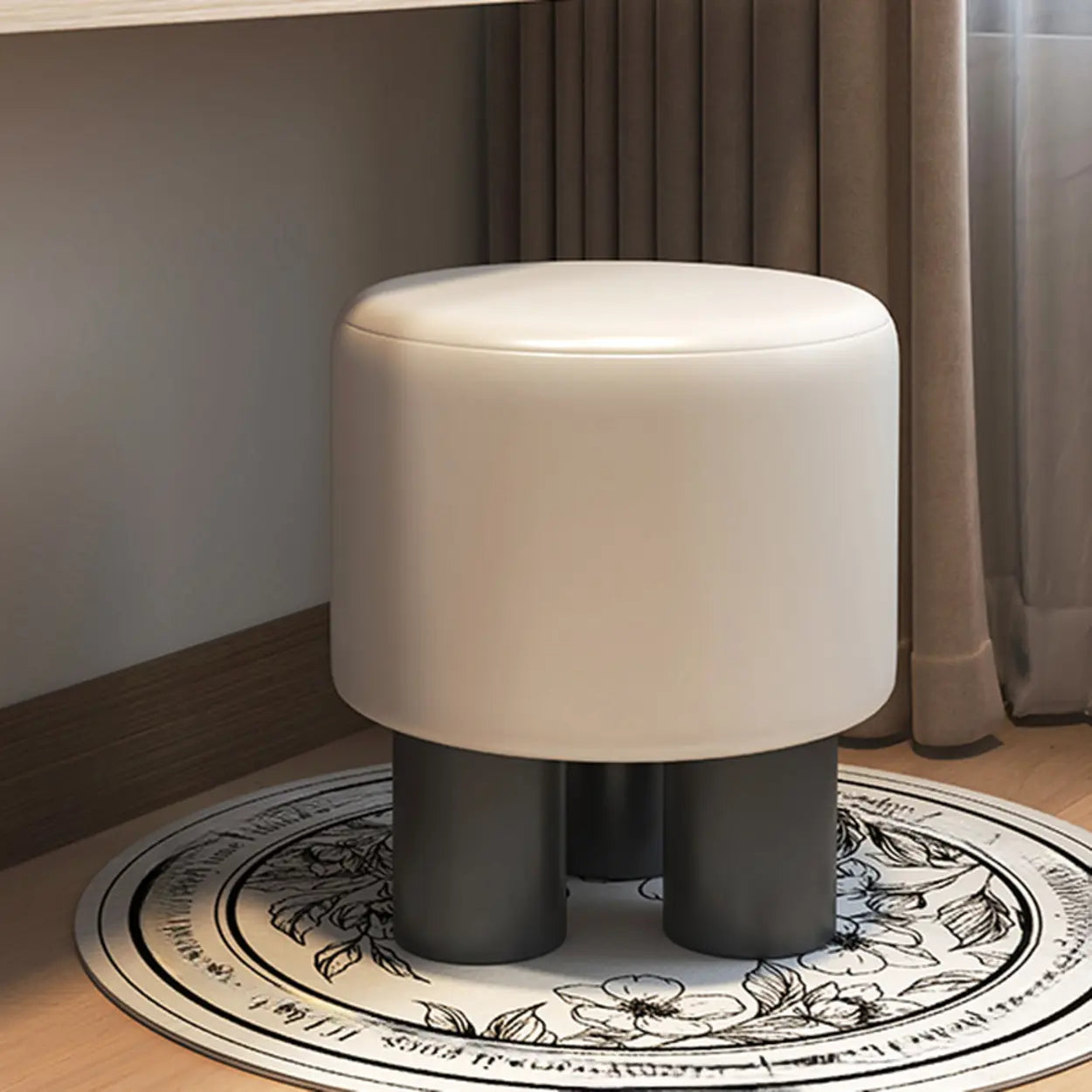 Khaki Round Fabric Upholstered Vanity Stool