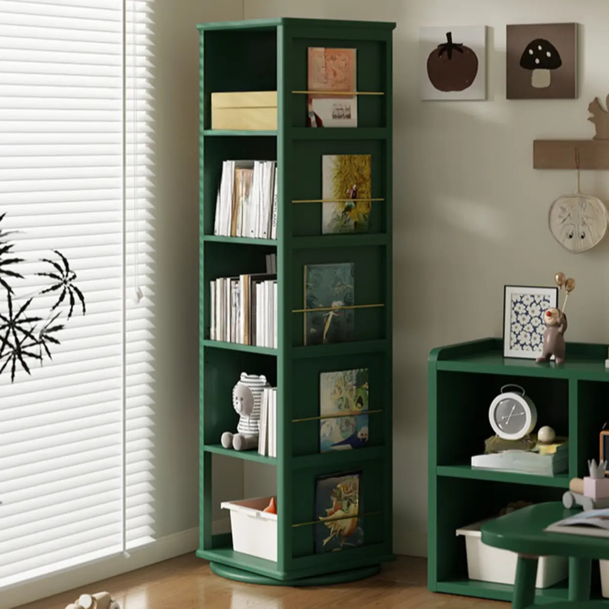 Kids Narrow Corner Rotating Wood Bookshelf
