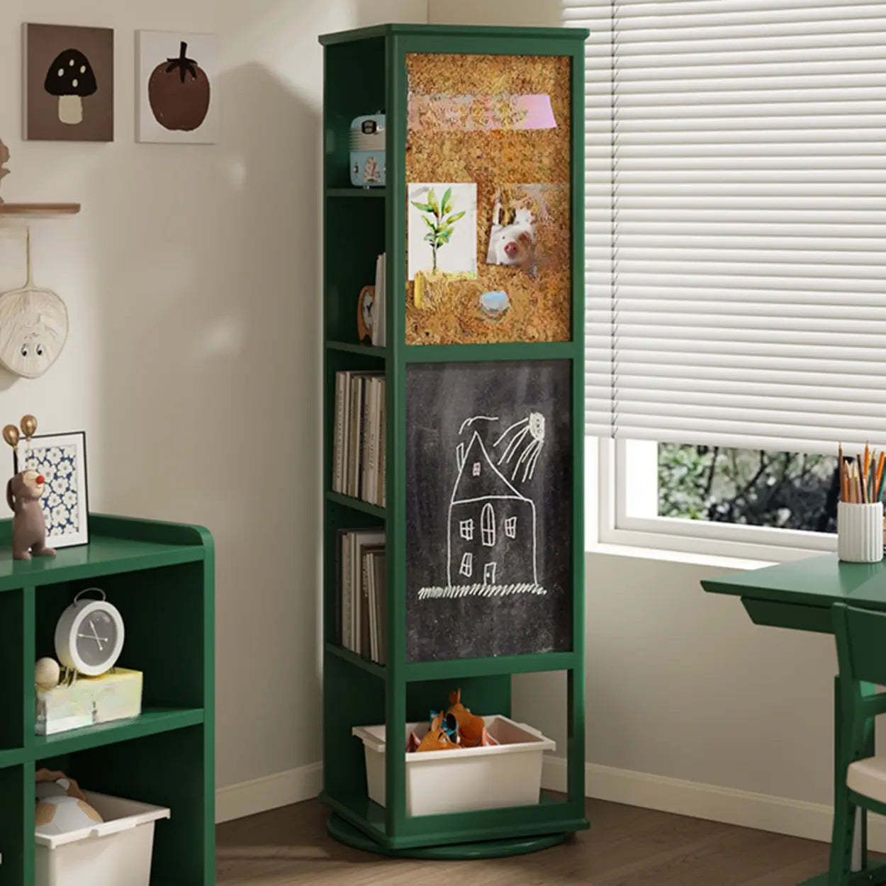 Kids Narrow Corner Rotating Wood Bookshelf — Cherry Wood