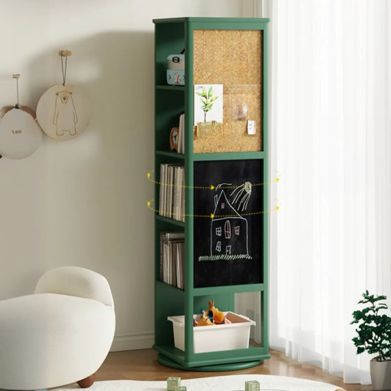 Kids Narrow Corner Rotating Wood Bookshelf — White