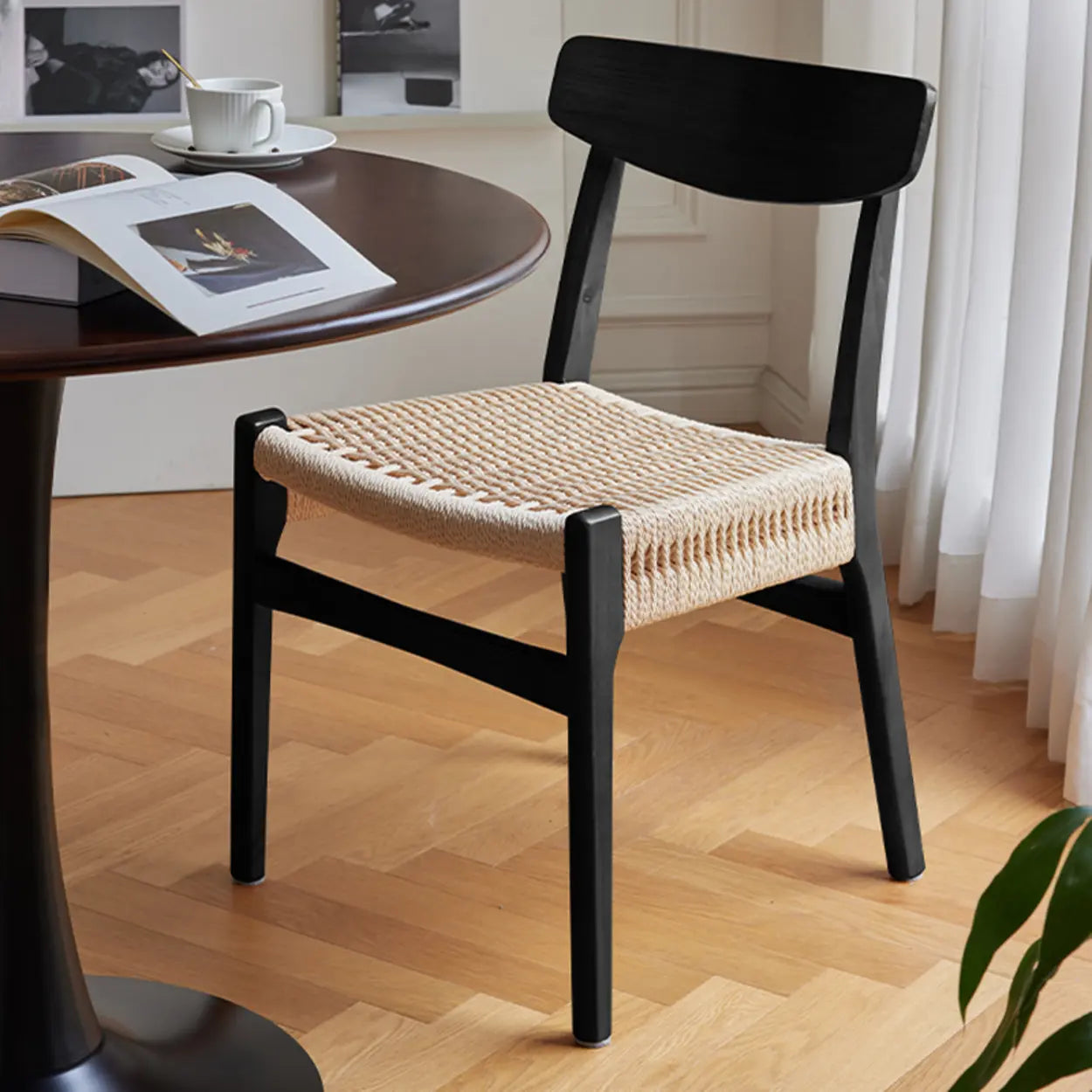 Black Braided Rope Woven Wood Kitchen Dining Chair