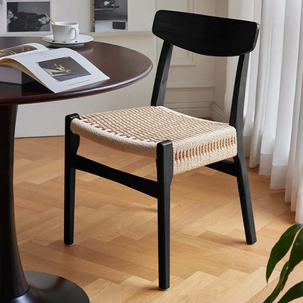 Black Braided Rope Woven Wood Kitchen Dining Chair — Black