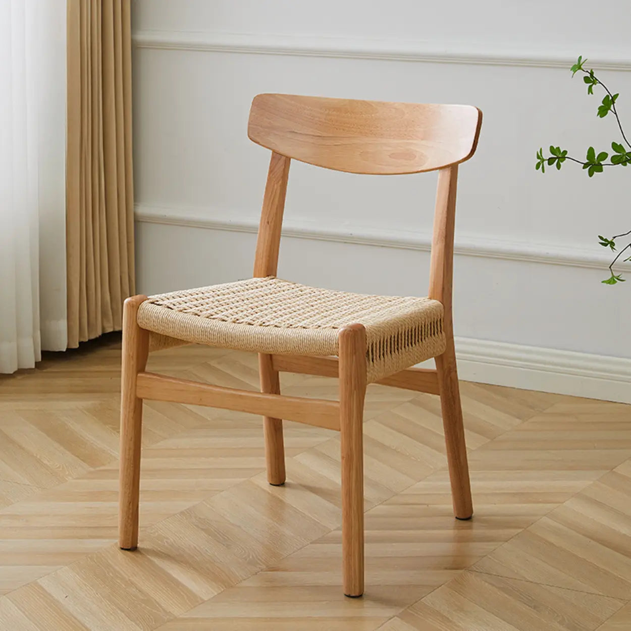 Black Braided Rope Woven Wood Kitchen Dining Chair — Nut-Brown
