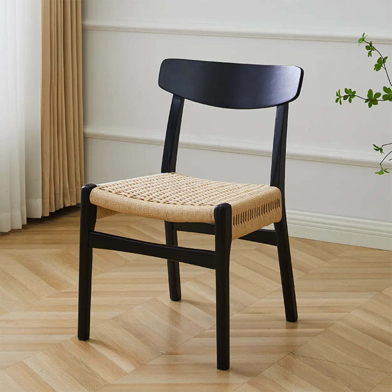 Black Braided Rope Woven Wood Kitchen Dining Chair — Natural