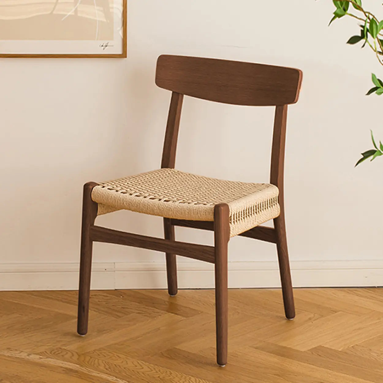 Black Braided Rope Woven Wood Kitchen Dining Chair