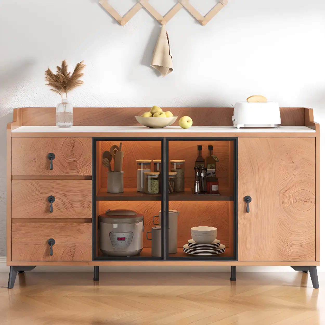 Nut-Brown Wood Kitchen Sideboard China Cabinet