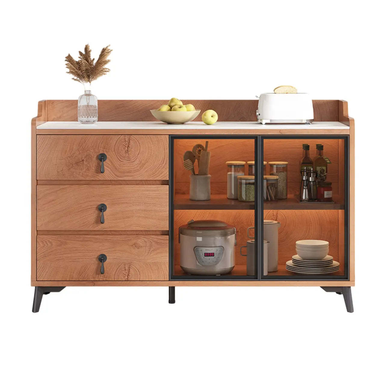 Nut-Brown Wood Kitchen Sideboard China Cabinet