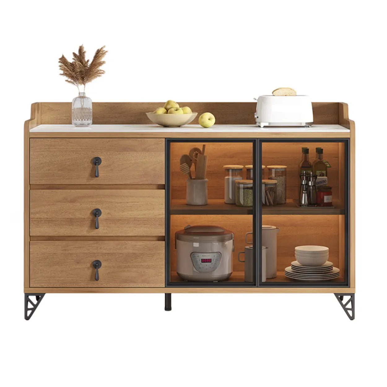 Nut-Brown Wood Kitchen Sideboard China Cabinet
