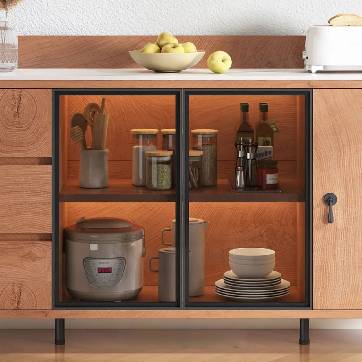 Nut-Brown Wood Kitchen Sideboard China Cabinet