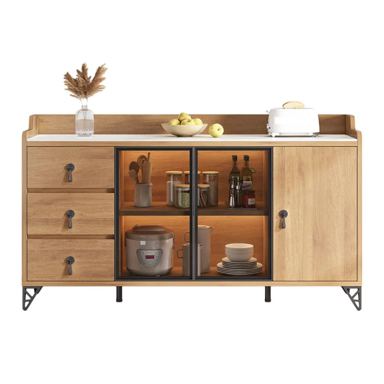 Nut-Brown Wood Kitchen Sideboard China Cabinet