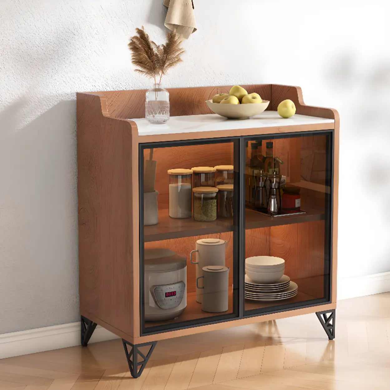 Nut-Brown Wood Kitchen Sideboard China Cabinet