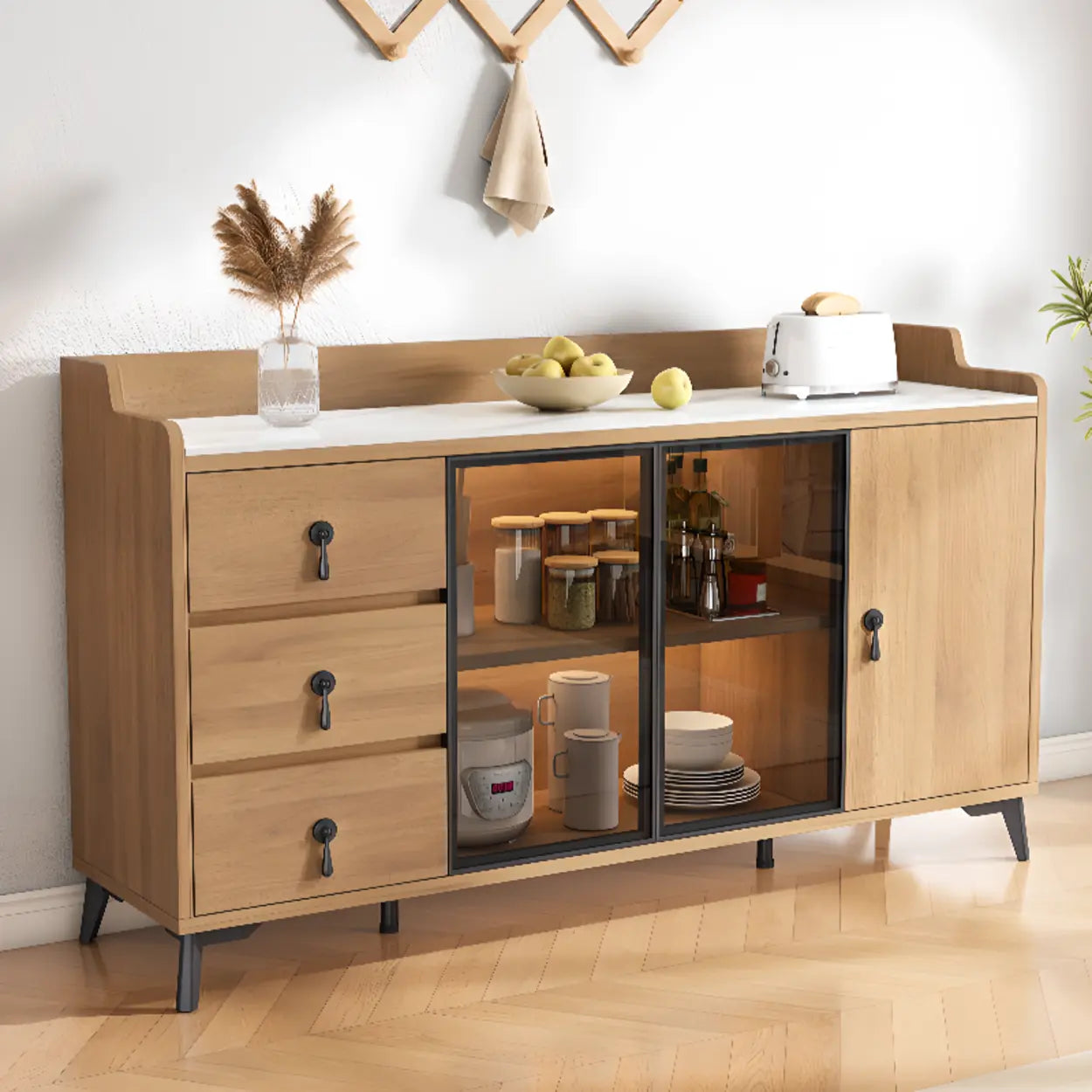 Nut-Brown Wood Kitchen Sideboard China Cabinet
