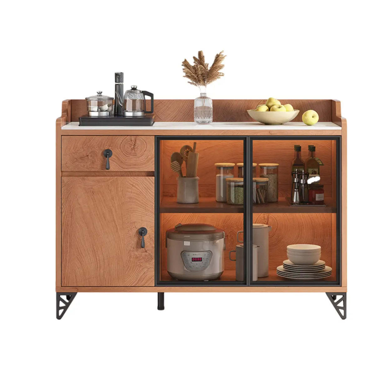 Nut-Brown Wood Kitchen Sideboard China Cabinet — Oak / Drawer Not Included