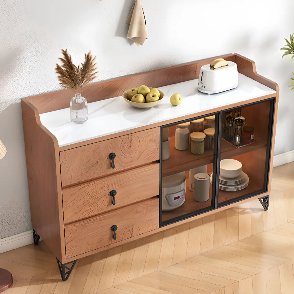 Nut-Brown Wood Kitchen Sideboard China Cabinet