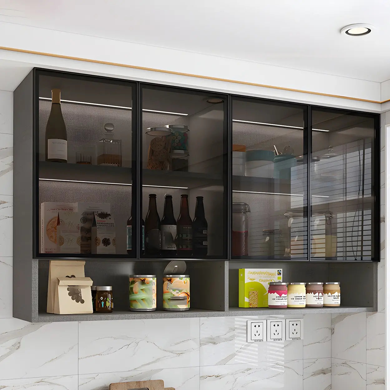Modern wall-mounted storage gray wine cabinets — 63"L x 16"W x 31"H