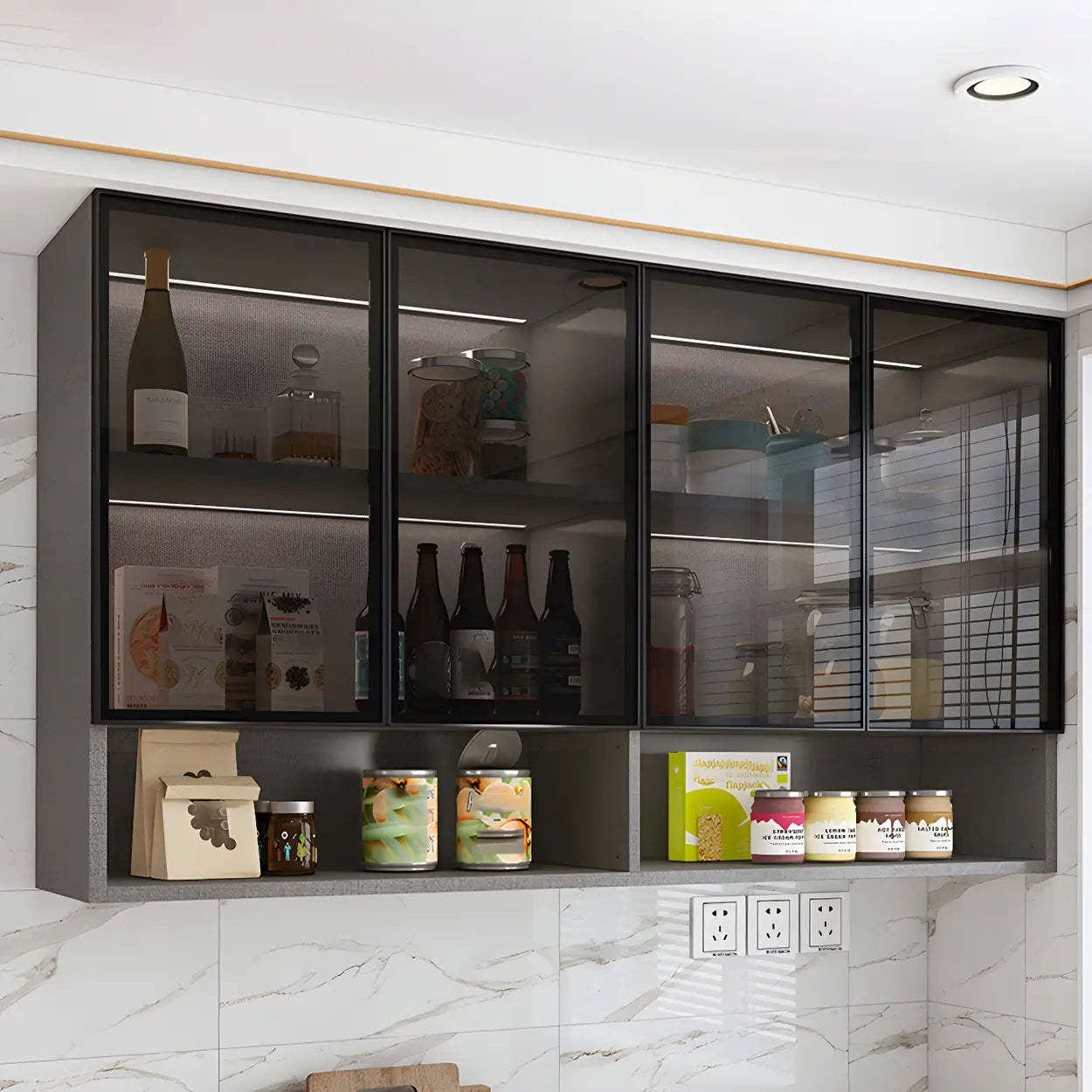 Modern wall-mounted storage gray wine cabinets — 63"L x 16"W x 31"H