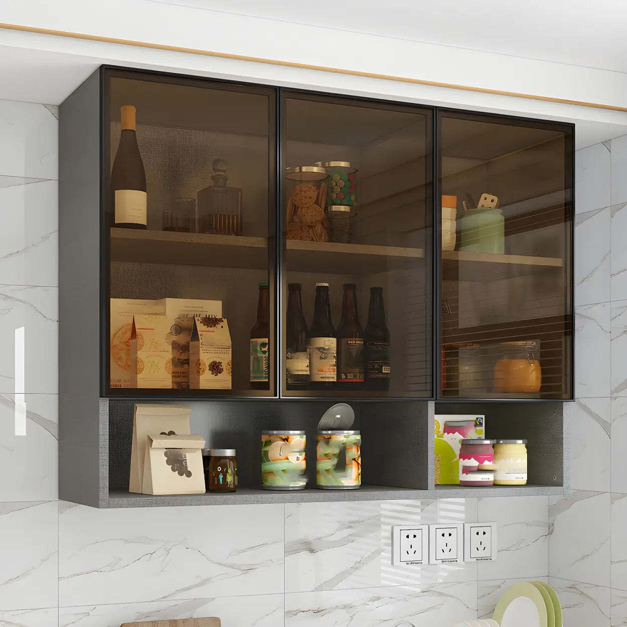 Wall-Mounted Glass Kitchen Hutch Cabinet