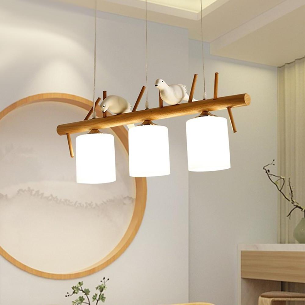 Rustic Wood Bamboo Glass Kitchen Island Pendant Light — 2 Heads