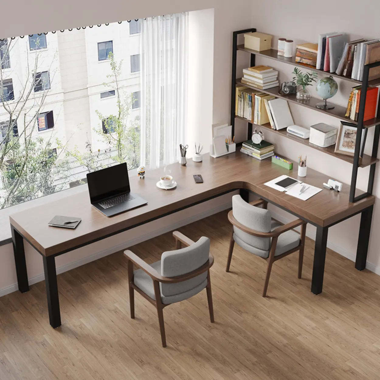 L-Shape Brown Lumber H-Base Double Computer Desk — Table Only