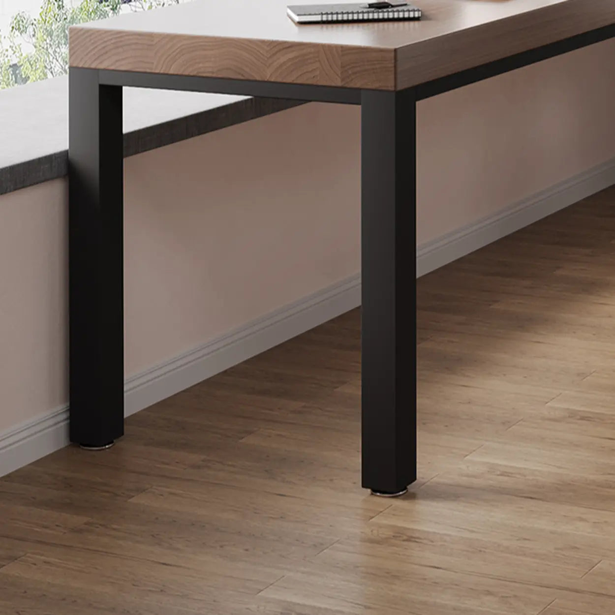 L-Shape Brown Lumber H-Base Double Computer Desk — Table Only