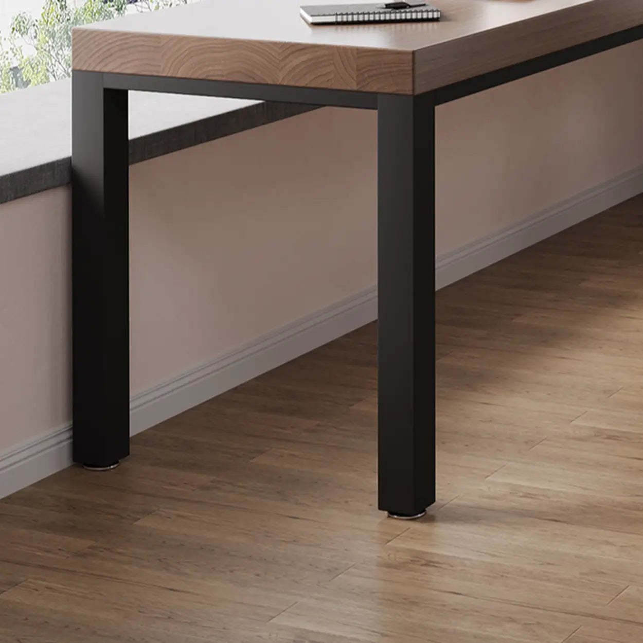 L-Shape Brown Lumber H-Base Double Computer Desk — Table Only