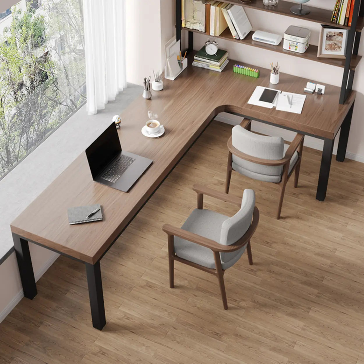 L-Shape Brown Lumber H-Base Double Computer Desk — Table Only