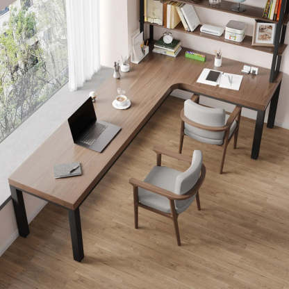 L-Shape Brown Lumber H-Base Double Computer Desk — Table Only