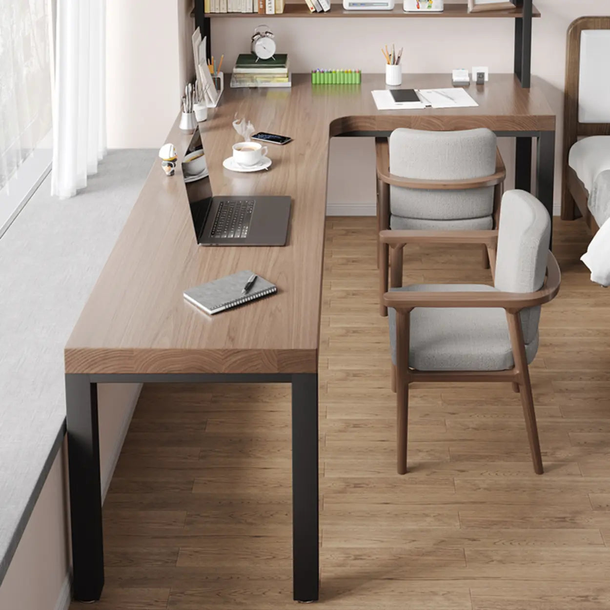 L-Shape Brown Lumber H-Base Double Computer Desk — Table Only