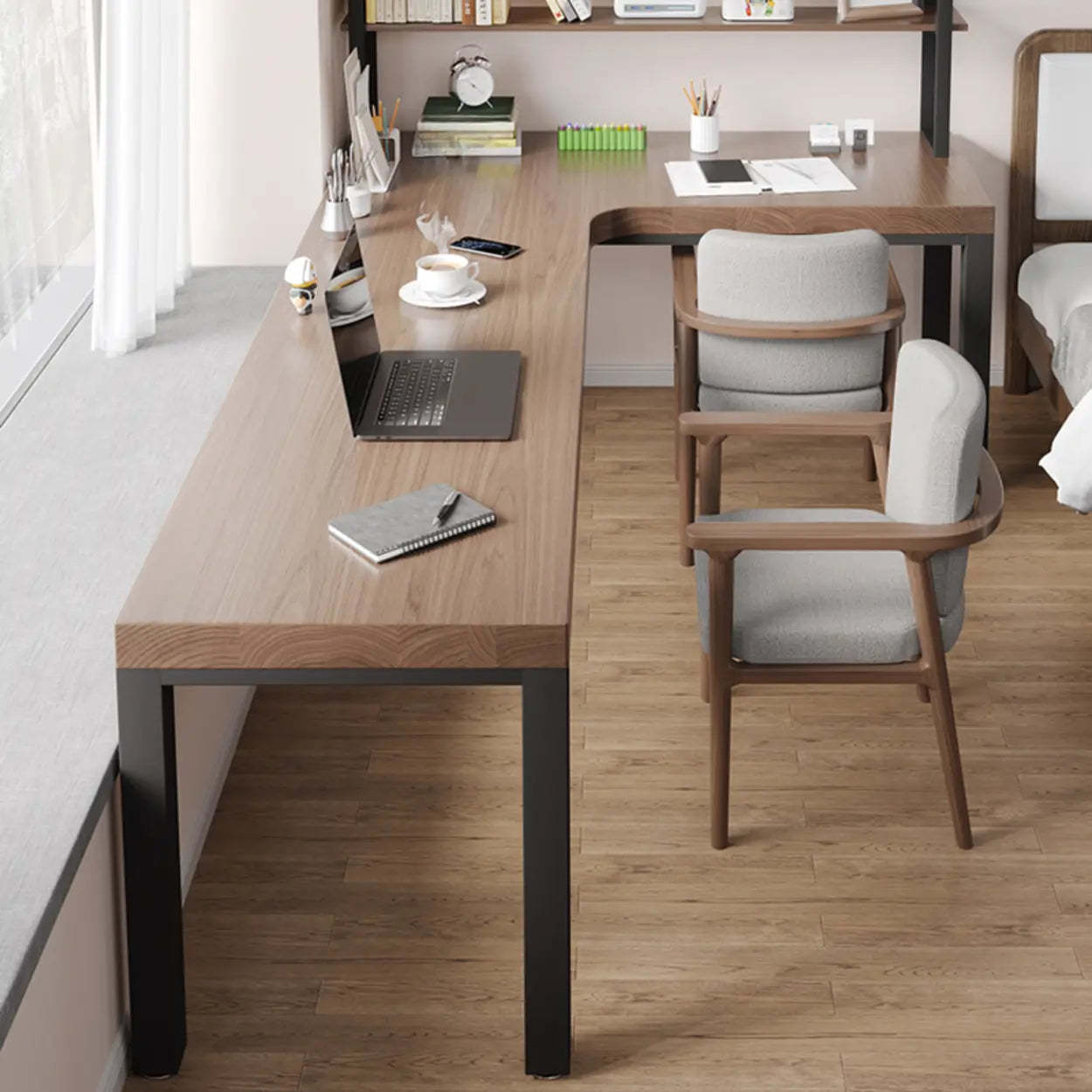 L-Shape Brown Lumber H-Base Double Computer Desk — Table Only