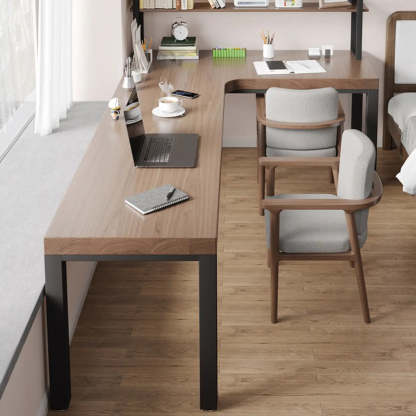 L-Shape Brown Lumber H-Base Double Computer Desk — Table Only
