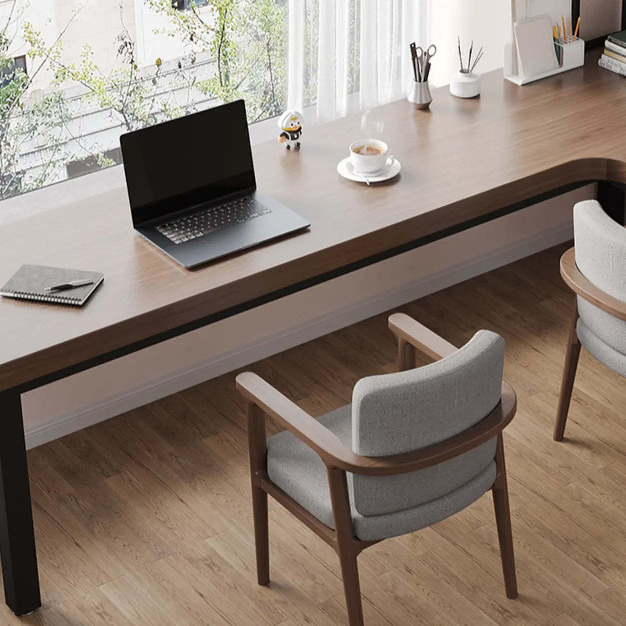 L-Shape Brown Lumber H-Base Double Computer Desk — Table Only