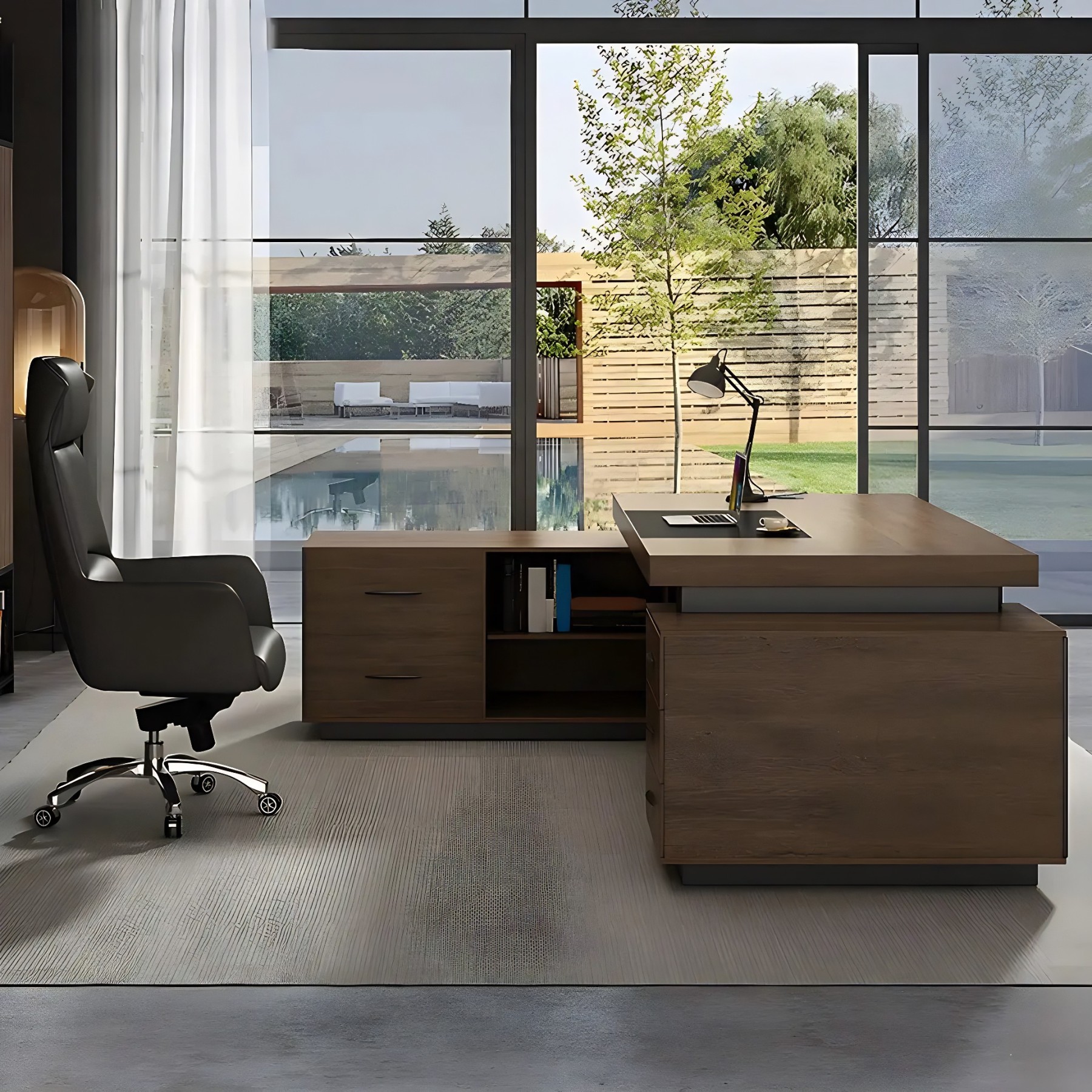 L-Shape Executive Desk with Timber Base