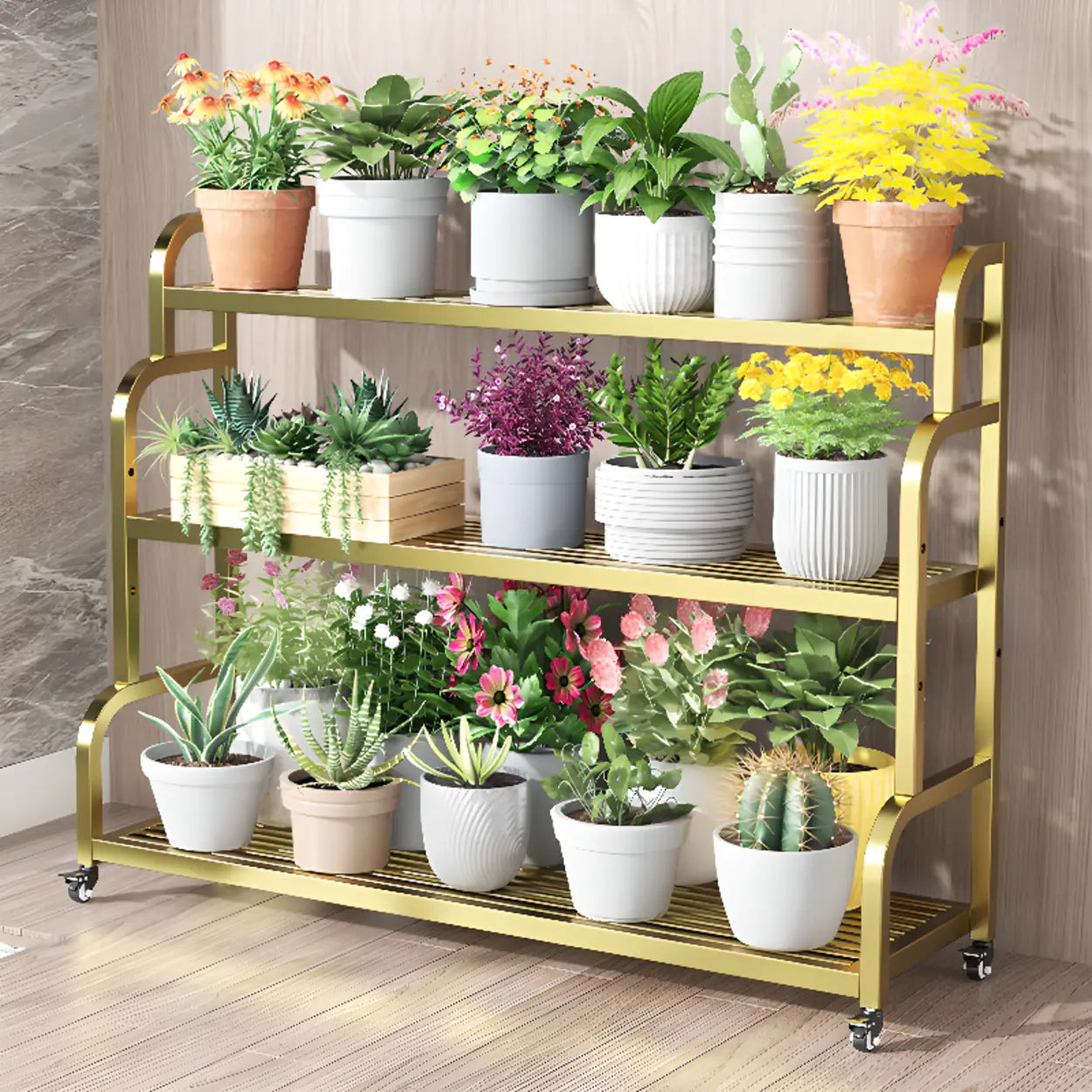Ladder Metal Rolling 3-Tier Gold Plant Stand — Black