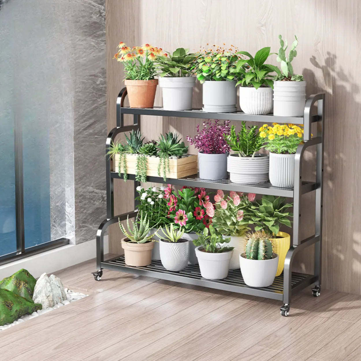 Ladder Metal Rolling 3-Tier Gold Plant Stand