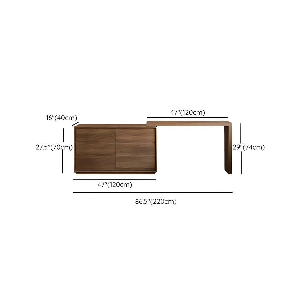 Large Brown Wood Makeup Vanity with Drawers and Seat