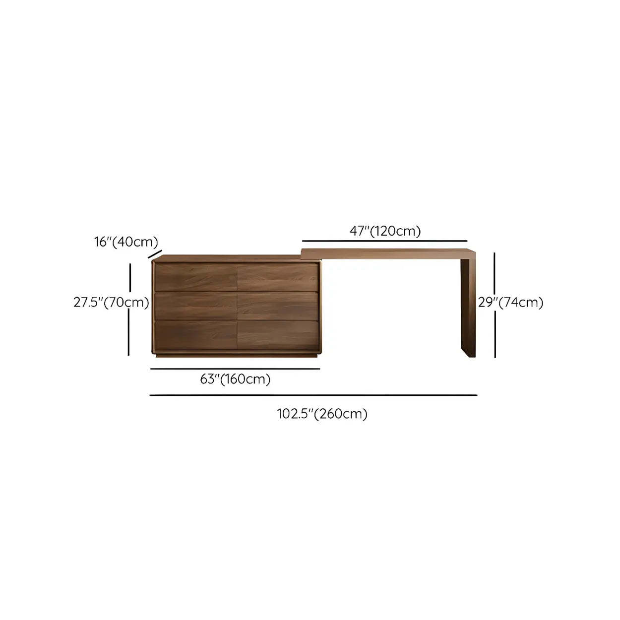 Large Brown Wood Makeup Vanity with Drawers and Seat