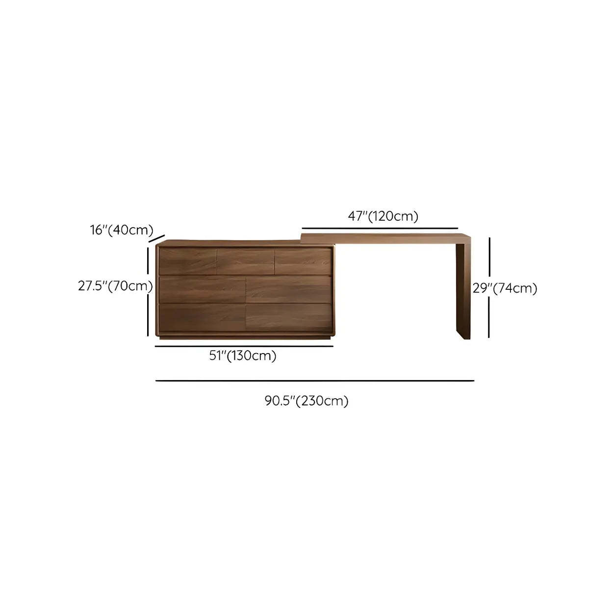 Large Brown Wood Makeup Vanity with Drawers and Seat