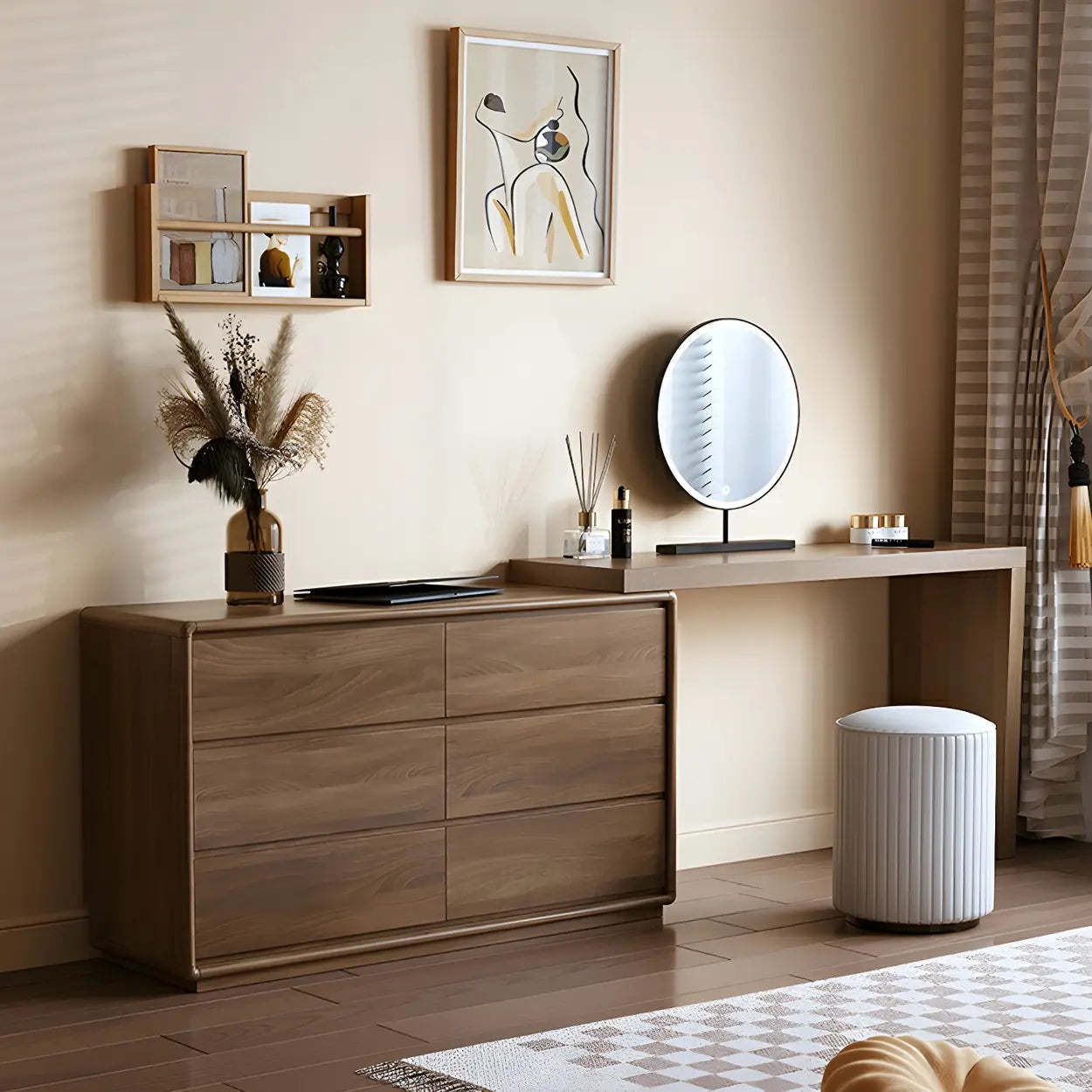 Large Brown Wood Makeup Vanity with Drawers and Seat — Makeup Vanity