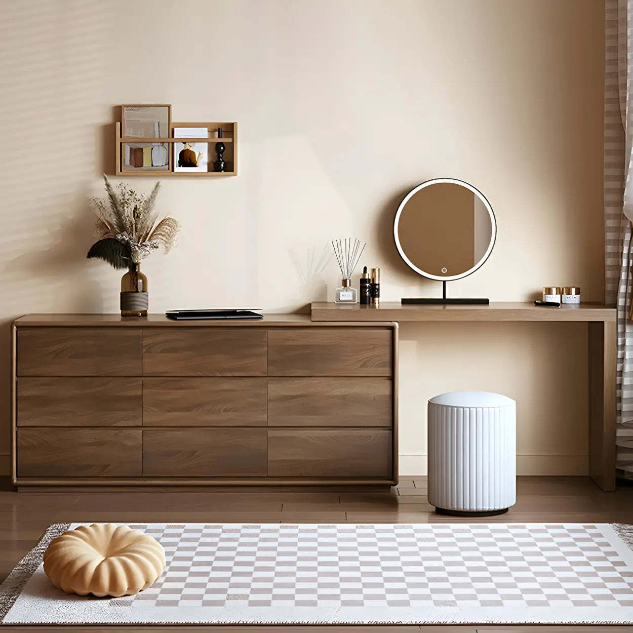 Large Brown Wood Makeup Vanity with Drawers and Seat — Makeup Vanity & Stools