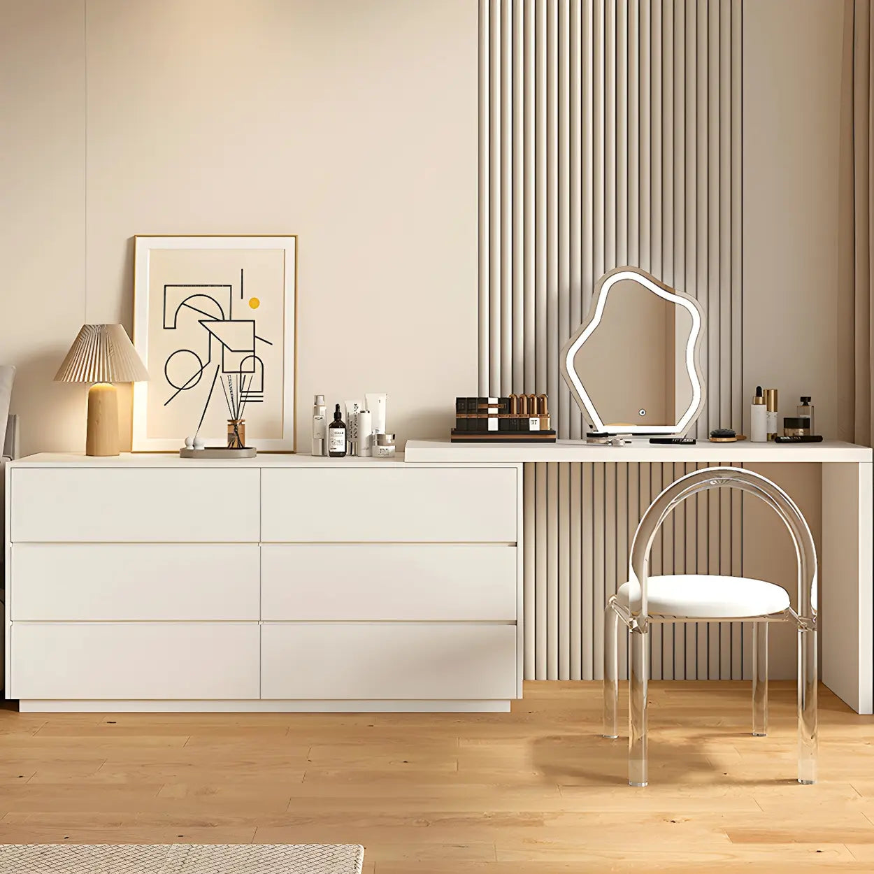 Large Off-White Wood Vanity with Drawers