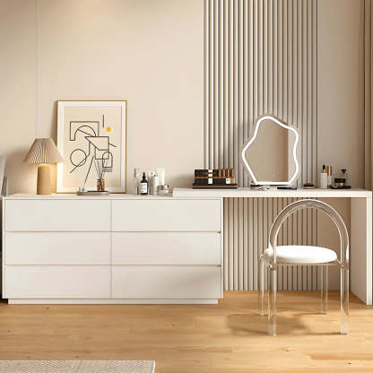 Large Off-White Wood Vanity with Drawers — White-Brown