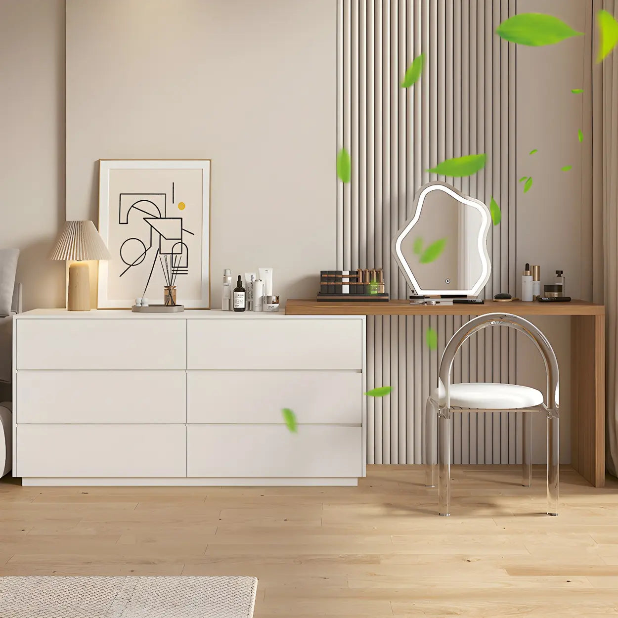 Large Off-White Wood Vanity with Drawers