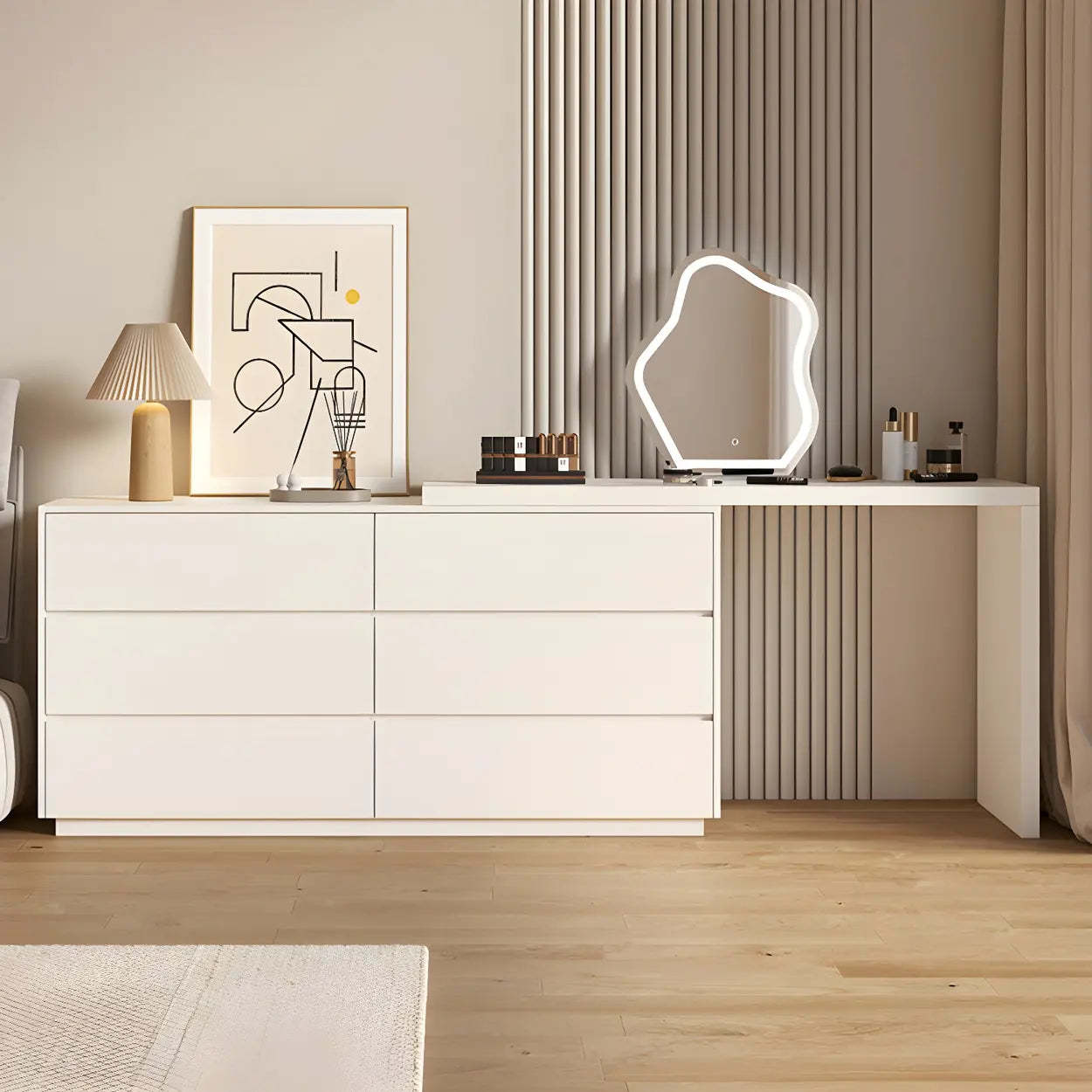 Large Off-White Wood Vanity with Drawers — Grey/ Coffee