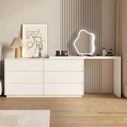 Large Off-White Wood Vanity with Drawers — Grey/ Coffee