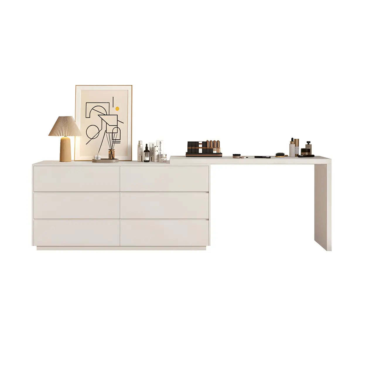 Large Off-White Wood Vanity with Drawers — White-Brown
