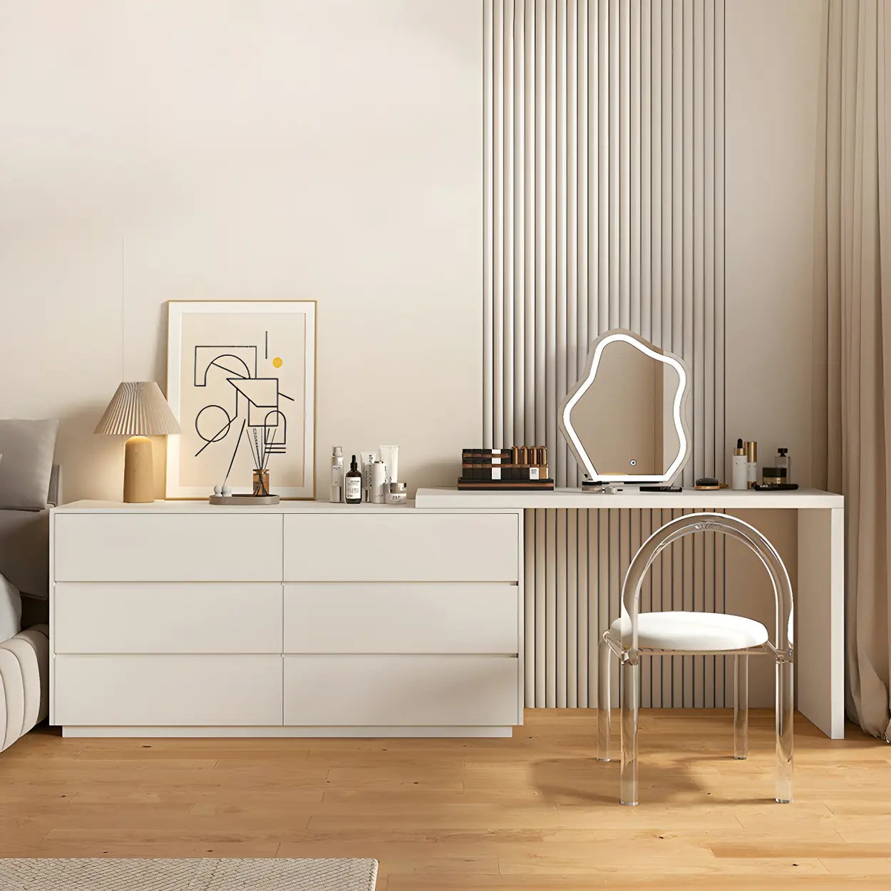 Large Off-White Wood Vanity with Drawers — Grey/ Coffee