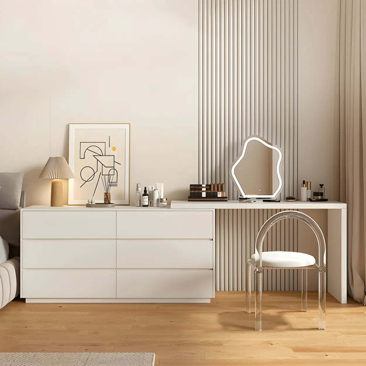 Large Off-White Wood Vanity with Drawers — Grey/ Coffee