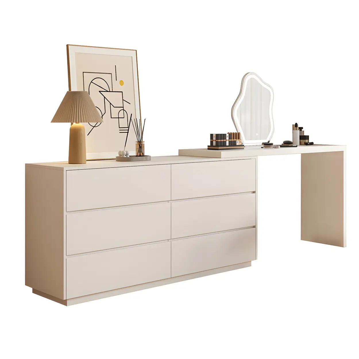 Large Off-White Wood Vanity with Drawers — White-Brown