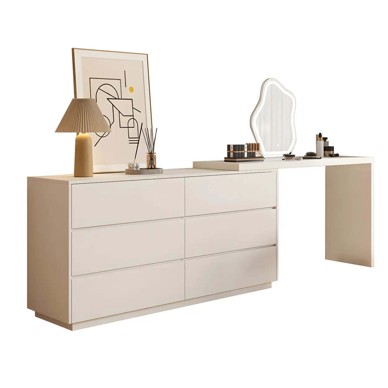 Large Off-White Wood Vanity with Drawers — White-Brown